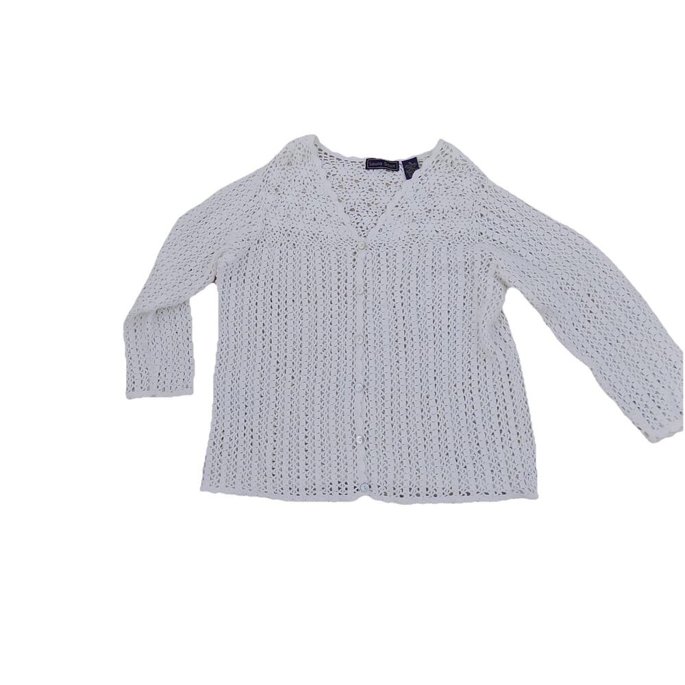 Laura Scott white crocheted cardigan sweater size XL